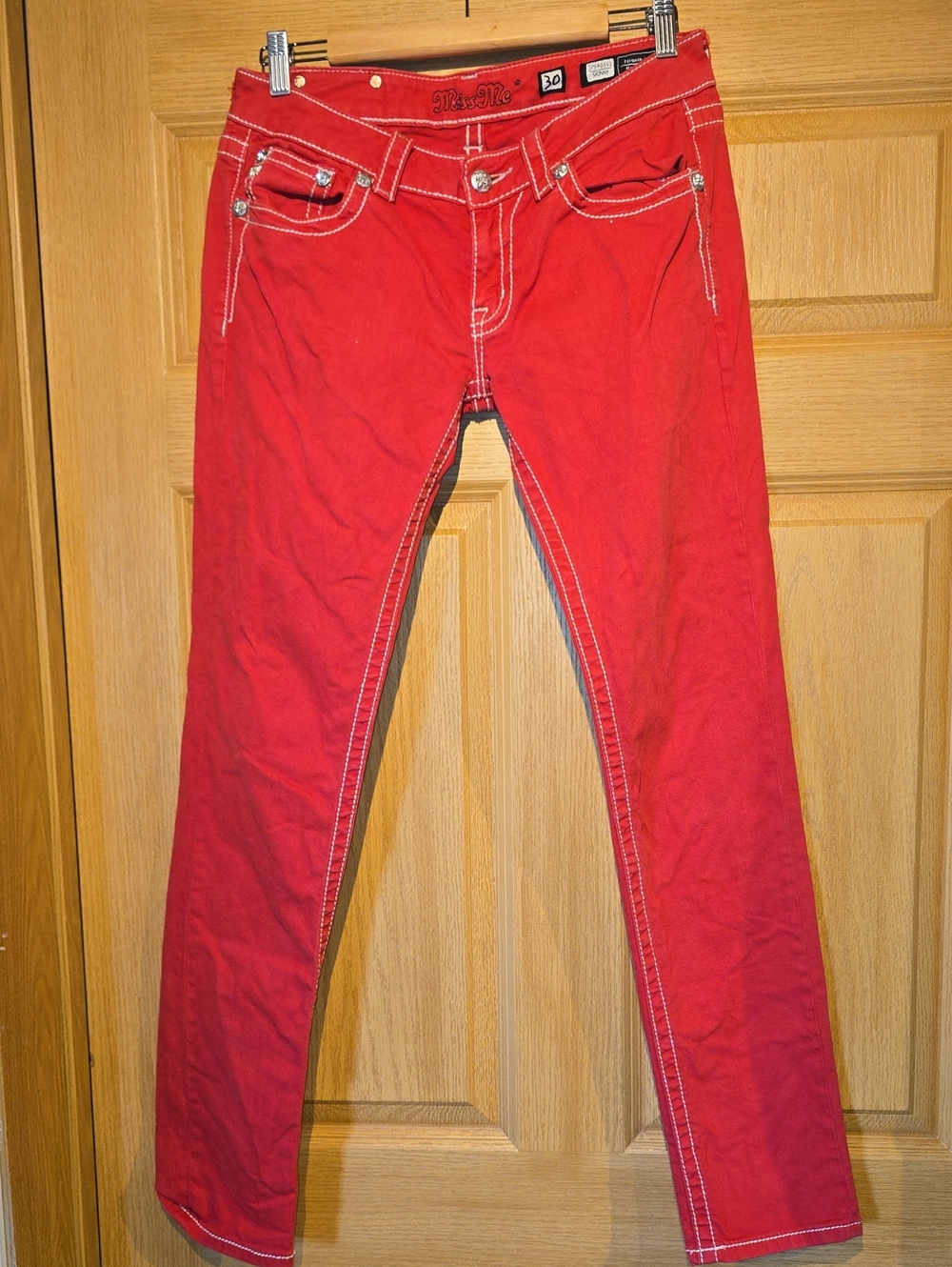 Miss Me Red Skinny Jeans with Contrast Stitching